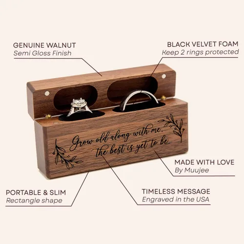 Vista 2 de MUUJEE Caja de doble anillo Caja de madera delgada grabada para boda, ceremonia de compromiso, propuesta de anillo caja para 2 anillos, ideas