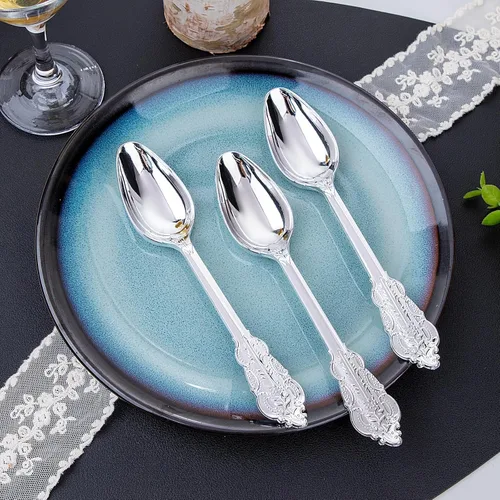 Vista 5 de WDF 100 cucharas de plástico plateadas desechables, cubiertos de plata barrocos de 6.93 pulgadas para pastel de postre, cucharas de plástico