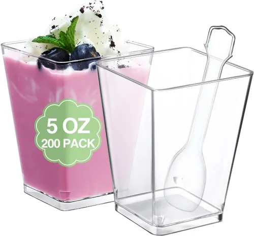 Vista 12 de SHOPDAY Vasos de postre de plástico de 5 oz: paquete de 30 vasos cuadrados transparentes con cucharas, pequeños vasos de parfait, mini vasos