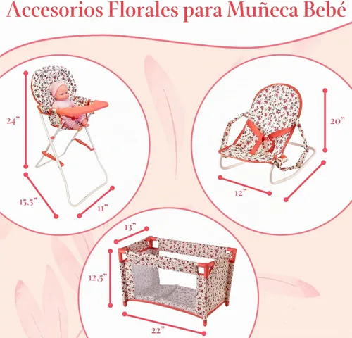 Vista 5 de Conjunto de accesorios para muñeca bebé floral, cuna para muñeca de 3-1, silla alta y asiento rebotador para muñeca. Accesorios para muñeca de 18