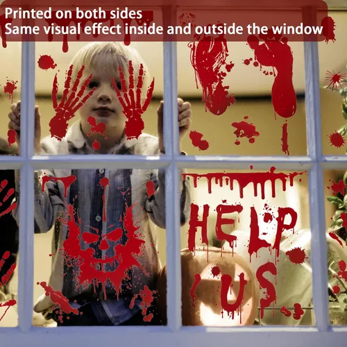 Vista 2 de Decoraciones de Halloween para ventana, 9 hojas, 90 unidades, calcomanías de huellas de manos sangrientas con 10 calcomanías de tatuaje, calcomanías