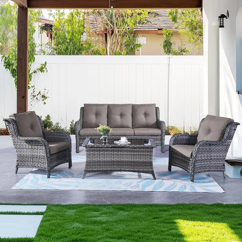 Vista 67 de Belord Mesa auxiliar pequeña para exteriores, mesa de mimbre de vidrio templado, mesa de centro impermeable para patio, mesa auxiliar de ratán