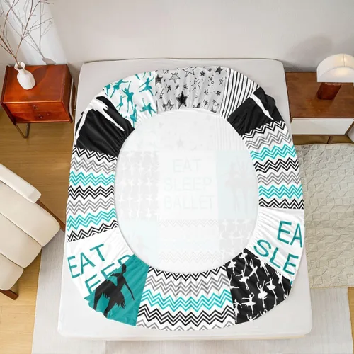 Vista 7 de Sábana bajera ajustable de ballet para niñas, juego de ropa de cama de ballet para danza de ballet, sábanas de cama con rayas geométricas onduladas