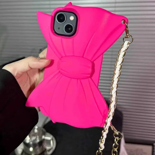 Vista 3 de Funda de silicona suave a prueba de golpes compatible con iPhone 13 Pro Max, bonita funda de silicona suave a prueba de golpes con lazo rosa intenso