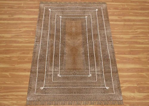 Vista 4 de Kilim Alfombra de Área 2x3 pies, color marrón bronce, diseño abstracto, estampado a mano en bloque, algodón Dhurrie, lavado a mano en superficie