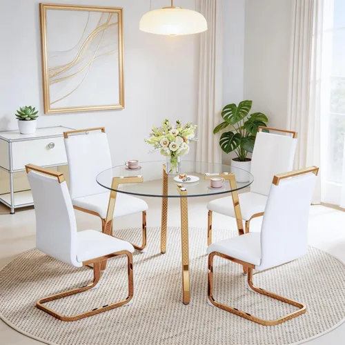 Vista 22 de Juego de mesa de comedor de cristal para 4, mesa rectangular con 4 sillas de cocina de cuero blanco, juego de comedor de cocina de 51 pulgadas, mesa