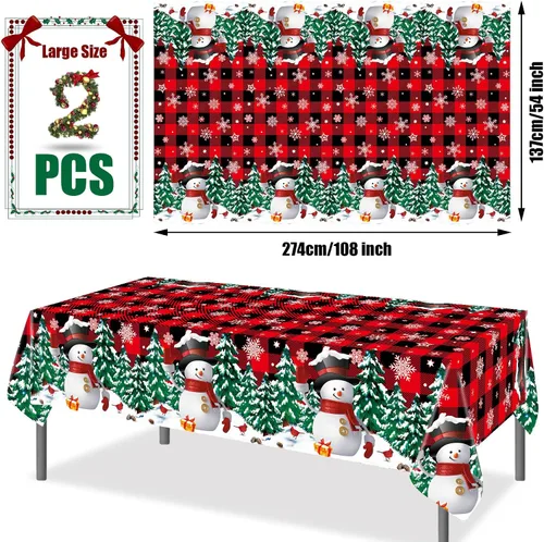 Vista 2 de 2 manteles de plástico desechables de Navidad con diseño de muñeco de nieve, mantel rectangular de Navidad con diseño de copo de nieve y búfalo