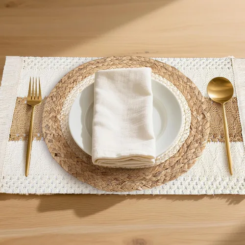 Vista 5 de Juego de 6 manteles individuales hechos a mano, hechos a mano, arpillera de algodón natural y paja de agua, combinados, decoración de macramé