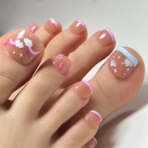 Vista 31 de Uñas postizas acrílicas artificiales negras para los dedos de los pies, ataúd a presión con diseños de flores blancas, uñas postizas reutilizables