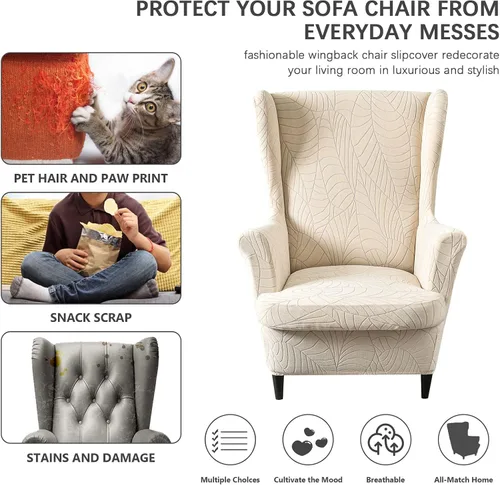 Vista 5 de Funda impermeable para silla con respaldo de ala, fundas elásticas de jacquard para silla con respaldo de ala de 2 piezas, funda de sofá
