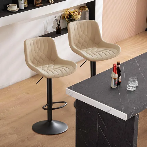 Vista 14 de Juego de 2 taburetes de bar modernos y giratorios ajustables con respaldo, asientos acolchados de piel sintética, sillas de isla de cocina para Gris