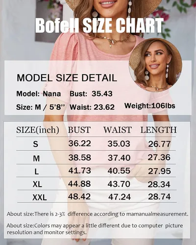 Vista 5 de Bofell Blusas plisadas de verano con mangas abombadas para mujer, blusas holgadas y elegantes