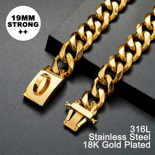 Vista 4 de Collar de Cadena Dorada para Perro Collar de Cadena de Metal para Caminar con Hebilla Segura de Diseño, Eslabón Cubano 18K Fuerte de Trabajo Pesado