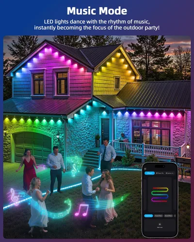 Vista 5 de REYLAX Luces permanentes para exteriores de 100 pies con 60 luces LED, luces de alero RGB+IC, IP67 impermeable, múltiples escenas para decoración