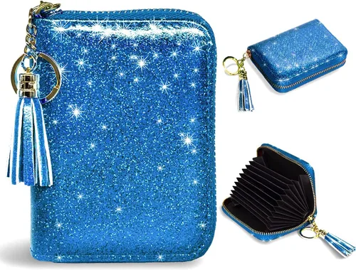 Vista 25 de Coco Rossi Tarjetero de crédito para mujer, cartera pequeña, funda RFID Un brillo azul y verde