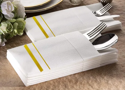 Vista 4 de Servilletas desechables de cena de tela con bolsillo incorporado para cubiertos, servilletas de boda de lino de aspecto blanco y dorado, preplegadas