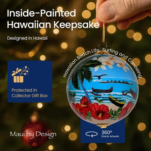 Vista 3 de Hawaiian Beach Life - Adorno hawaiano coleccionable de cristal pintado a mano con caja de regalo NB/H