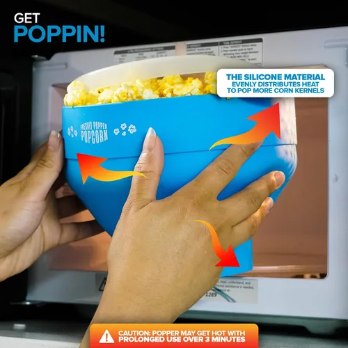 Vista 4 de Palomitas de maíz de silicona para microondas (azul) para hacer palomitas de maíz, no requiere aceite, cuenco plegable con tapa, reutilizable, sin