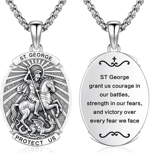 Vista 50 de Collar con colgante de amuleto de medalla de San de plata 10A-St Michael Oval