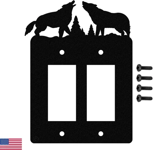 Vista 8 de Interruptor de luz de palanca Howling Wolves y placa de pared dúplex individual (palanca individual con potencia, negro) - Fabricado en Estados
