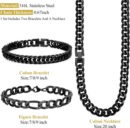 Vista 2 de Collar de pulsera Figaro de eslabones cubanos de 3 piezas, plata dorada y negra, resistente acero inoxidable 316L, cadena Figaro de eslabones