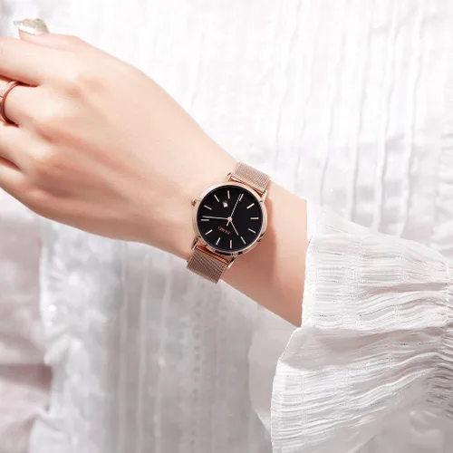 Vista 5 de SKMEI Womens Watches Slim Thin Luxury Dress Rose Gold Stainless Steel Mesh Watches Fashion Waterproof Ladies Black Wrist Watch with Date