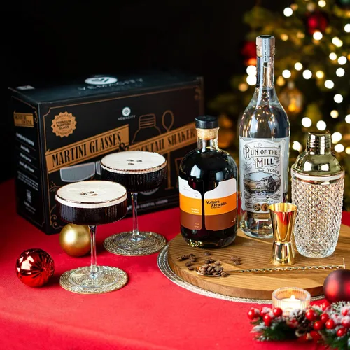Vista 4 de VEMACITY - Regalos de lujo de Martini Espresso Juego de coctelera dorada + 2 copas de Martini Espresso - Kit de cóctel con colador integrado