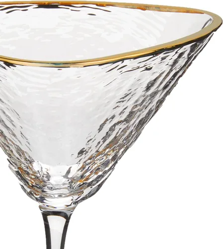 Vista 7 de Sisterly Drinkware - Juego de 2 vasos de Martini martillados transparentes – Vasos de cóctel hechos a mano con borde dorado con 2 púas chapadas