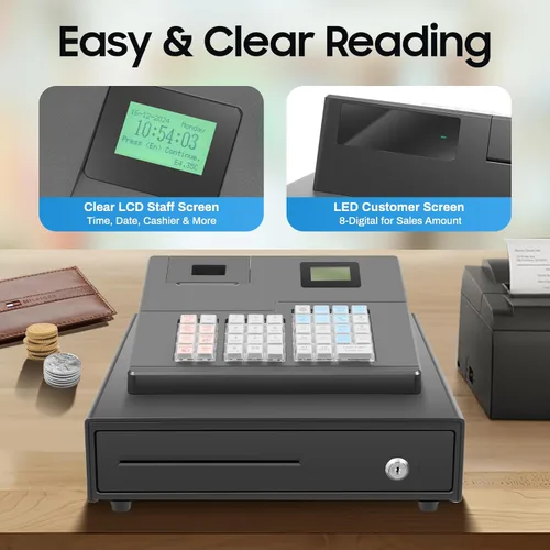 Vista 4 de Caja registradora pequeña de 39 llaves electrónica con cajón, caja registradora sin llave, impresión térmica rápida y silenciosa, pantalla de doble
