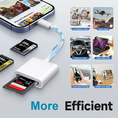 Vista 7 de Lector de tarjetas Lightning a SD para iPhone, adaptador de cámara Lightning, visor de cámara de rastro, tarjeta SD, adaptador de tarjeta de memoria