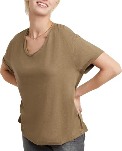 Vista 6 de Hanes Camiseta de manga corta con cuello en V para mujer con borde crudo, 100% algodón Negro
