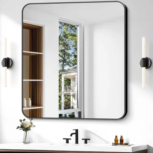 Vista 45 de Espejo de baño negro, espejos cuadrados de 18 x 18 pulgadas para pared, marco de metal, espejo de tocador de esquina redondeada para sobre