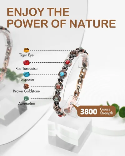 Vista 3 de Feraco Pulseras de Cobre Puro para Mujeres, Pulsera Magnética de Ultra Fuerza con Imanes de 3800 Gauss y Turquesa Natural y Piedras, Ajustable
