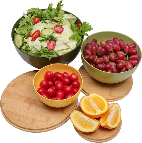 Vista 2 de ECOWAY Juego de 3 cuencos de ensalada con tapas de bambú, juego de tazones de mezcla, cuencos anidables para almacenamiento de ahorro de espacio 3