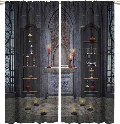 Vista 18 de Cortinas góticas con diseño de luna de Halloween, historia, puerta espeluznante, fondo de terror, vela, ficción, patrón de impresión, sala de estar