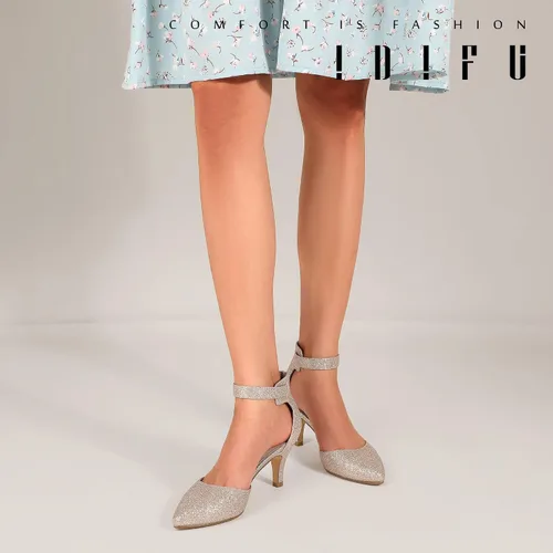 Vista 6 de IDIFU IN3 D'Orsay Zapatos de tacón bajo para mujer, zapatos de vestir puntiagudos con puntera cerrada, correa de tobillo para novia, elegante