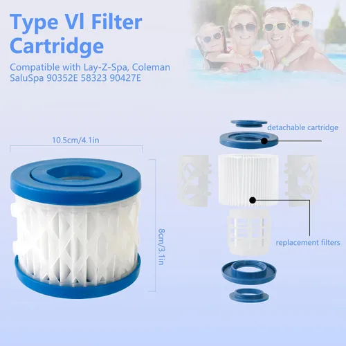 Vista 2 de Paquete de 4 cartuchos de repuesto de filtro de spa y bañera de hidromasaje tipo VI para Lay-Z-Spa, Coleman SaluSpa 90352E 58323 90427E, cartucho