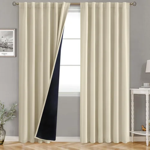 Vista 66 de BGment Cortinas 100% opacas beige de 63 pulgadas de largo con forro aislante térmico, bolsillo para varilla y lengüeta trasera de doble capa