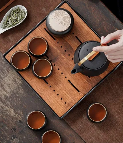Vista 4 de Carrito de té de cerámica negra, recipiente de té de cerámica tradicional para té suelto