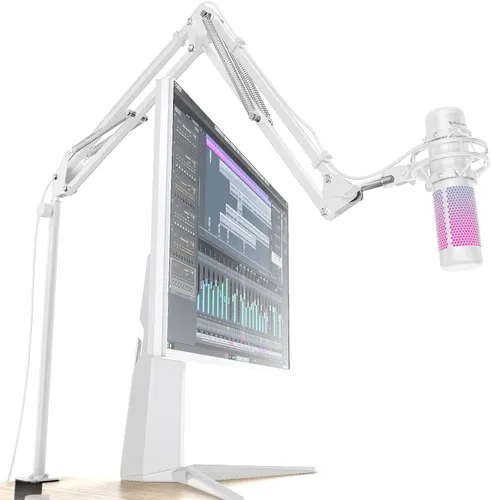 Vista 8 de CACENCAN Brazo articulado, soporte de micrófono giratorio de 360° con montaje de escritorio, brazo de micrófono de escritorio plegable con adaptador