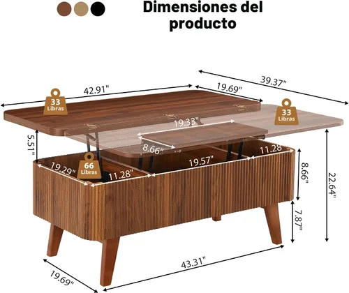Vista 2 de Mesa de centro elevable 3 en 1, mesas de centro convertibles acanaladas que se convierten en mesas de comedor, moderna mesa central de madera Nuez 3