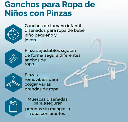 Vista 3 de Honey Can Do Perchas de ropa para niños con clips, paquete de 18 HNG-09047 Blanco