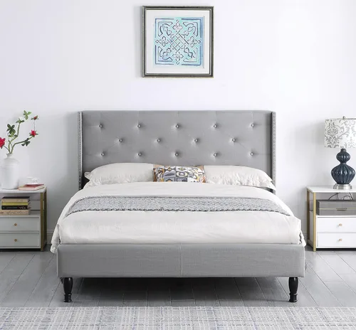 Vista 11 de Base de cama de plataforma tapizada Queen con cabecera de 45 pulgadas y base ajustable, cama de lino con botones copetudos, soporte de listones