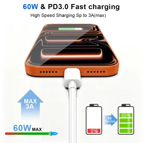 Vista 4 de Cable de carga USB C a USB C, cargador rápido de 60 W, paquete de 2 cables