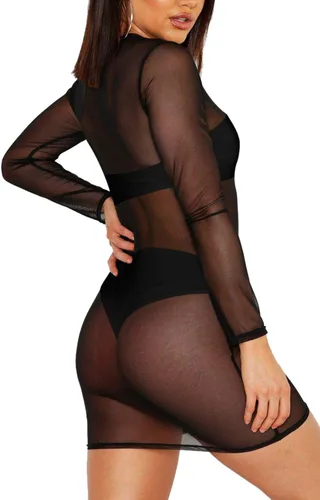 Vista 4 de Jumppmile Vestido de malla transparente para mujer, de manga larga, transparente, para cubrir el bikini