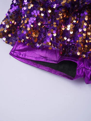 Vista 6 de Freebily Vestido de ballet con lentejuelas brillantes para niñas y niñas, cuello halter, falda de leotardo corto de jazz, hip hop, disfraz de danza