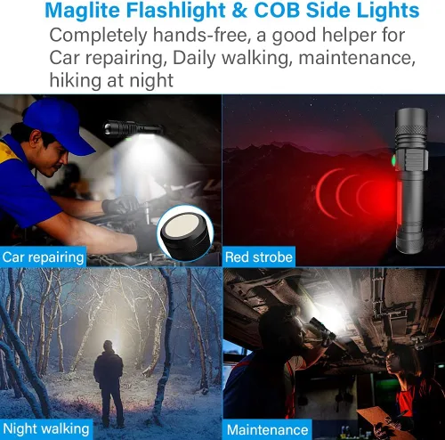 Vista 2 de Linterna recargable por USB, linternas magnéticas LED, linternas tácticas súper brillantes con luz lateral mazorca, impermeable, zoomable, 6 modos