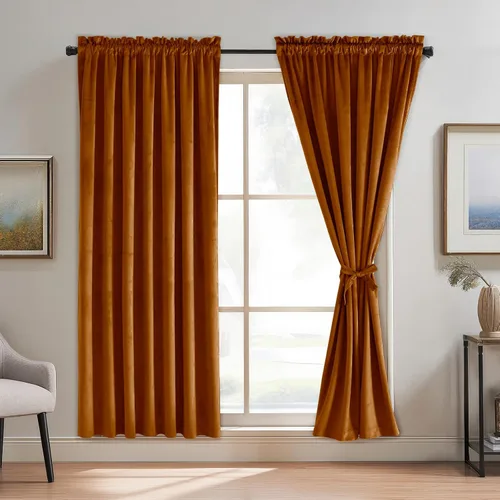 Vista 118 de JIUZHEN Cortinas de terciopelo beige de 63 pulgadas de ancho x 63 pulgadas de largo, cortinas de terciopelo retro suaves con bolsillo para barra