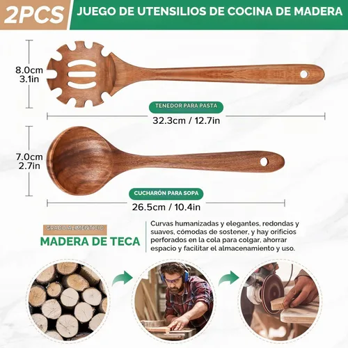 Vista 2 de Cucharas de madera para cocinar, juego de 2 piezas de utensilios de madera de cuchara de sopa y cuchara de pasta de espagueti con dientes, juego