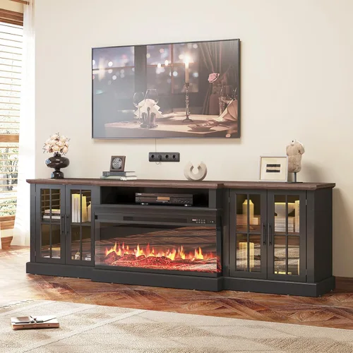 Vista 11 de Mueble de TV de estilo granja de 98" con chimenea de 36" para televisores de hasta 100", centro de entretenimiento multimedia con estantes 2-Blanco